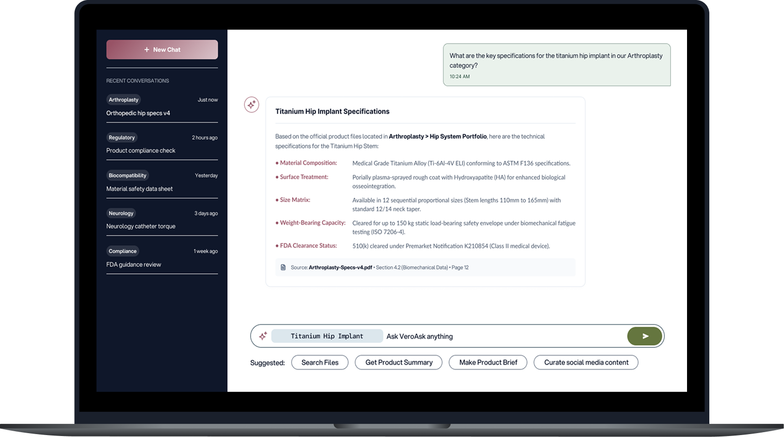 VeroAsk workspace showing an approved-source response on a laptop